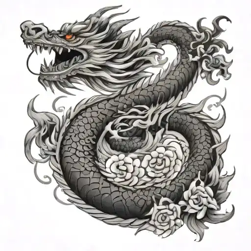 A Long Flying China Dragon Tattoo With Flower Accents And Flame Details