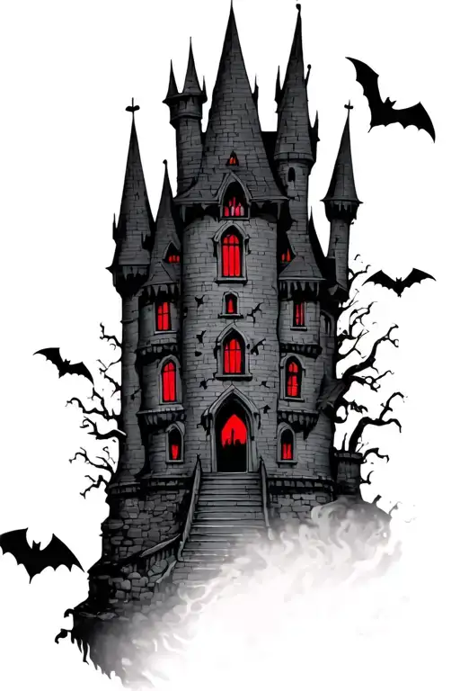 Gothic Creepy Style Black Castle With Red Windows With Bats