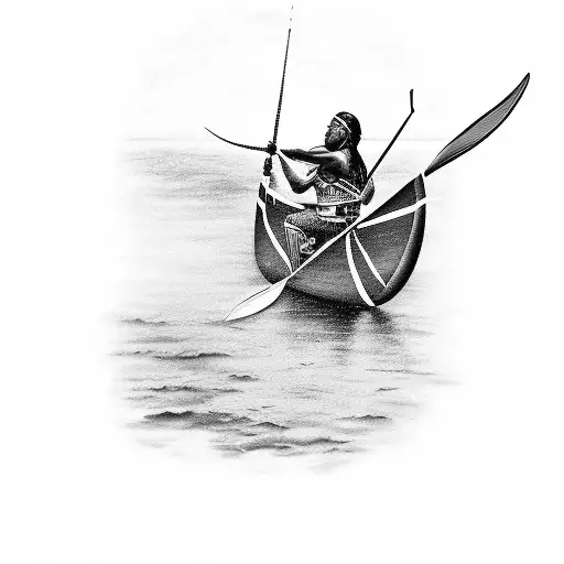 A Black-grey Tattoo Depicting A Native American Warrior Fishing In A Traditional Canoe