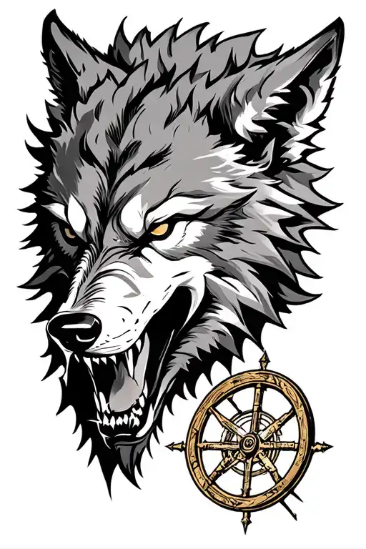 Menacing Wolf Head With Wheel Of Time And Symbol Of Resistance