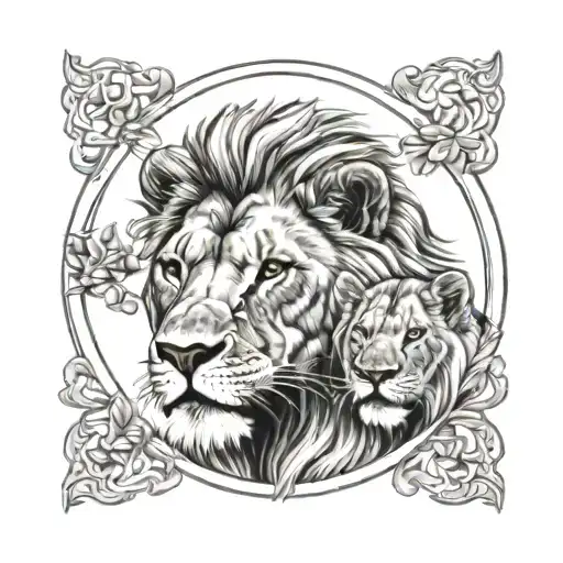 Lion Head Protector Of Cub Playing Together