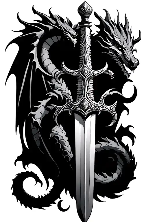 A Dragon Surrounding The Medieval Sword And On Top Of The Sword A Small Sun