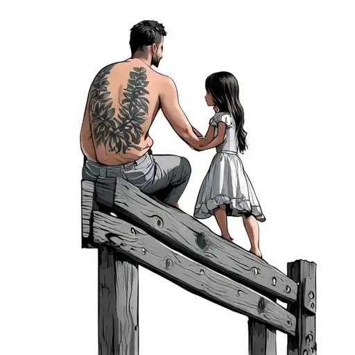 Man Back On With Daughter Sitting On Top Of Fence