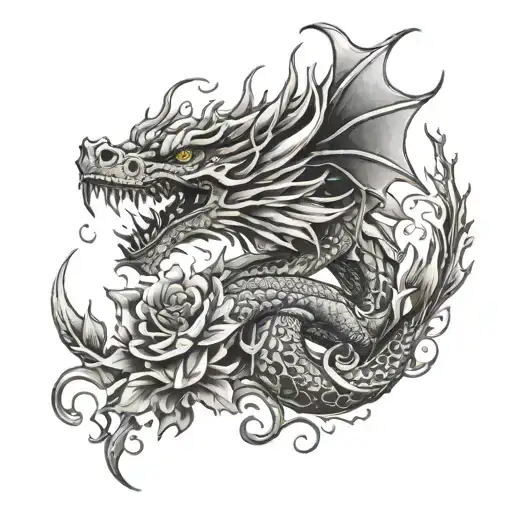 A Dragon Tattoo With Flower Accents And Flame Details