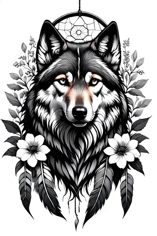 Wolf Above Dream Catcher Flowers Surrounding
