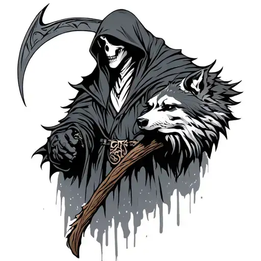 Grim Reaper In Wolf Cloak Holding A Scythe