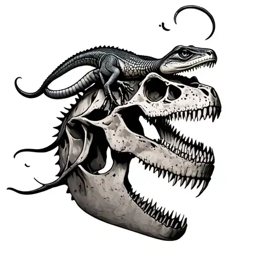Lizard On Top Of Dinosaur Skull