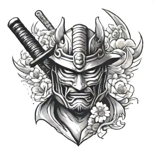 Samurai Mask And Katana With Sakura And Katana