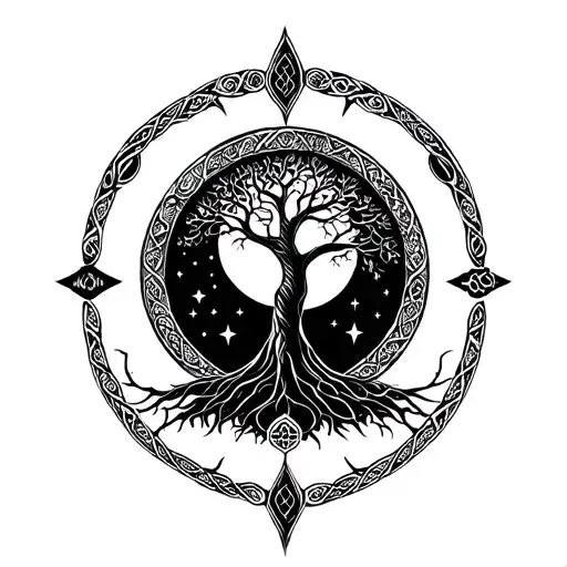 Tree Of Life And Moon Fases And Stars Celtic Pattern With Elements