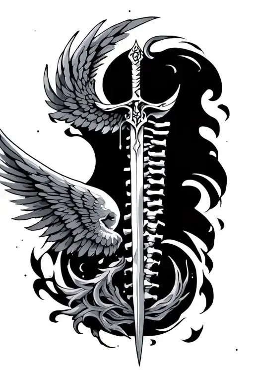 Spine Tatto Of An Outer World Blade With Angel Wing On Left Side