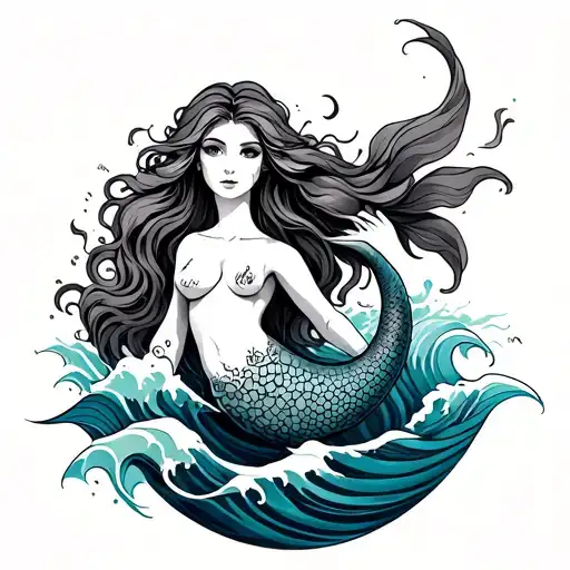 Generate Me A Stylized Colored Tattoo With A Mermaid And Waves