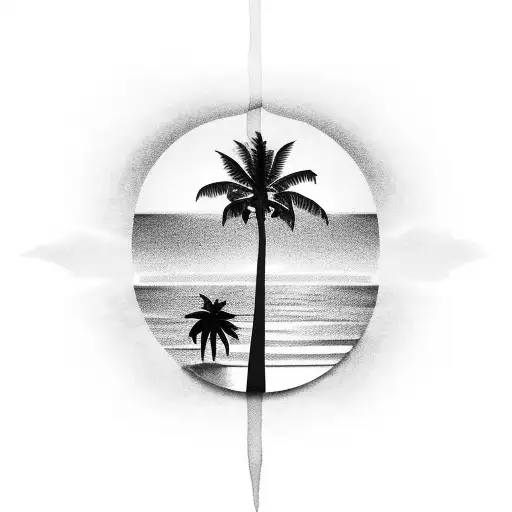 A Serene Beach Sunset With Palm Leaves Silhouetted Against The Sky