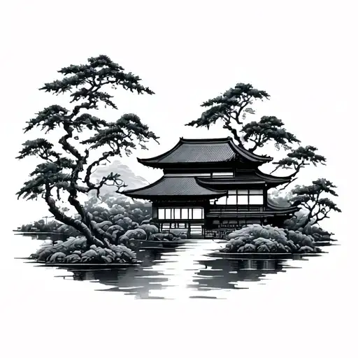 Japanese Building Among Bamboo Forest