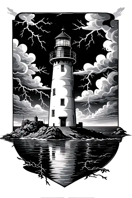 Lighthouse Surrounde By Thunderclouds And Lightning With Its Own Reflection In The Water