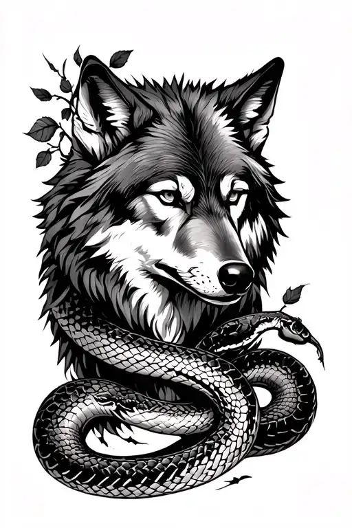 Wolf With Thick Fur Intertwining With Snake Along Forearm And With Thorny Rose Following Snake