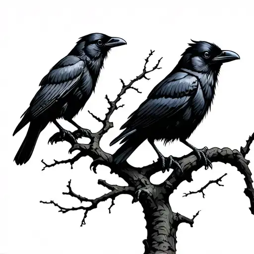 Crows Perched On Tree Branch Intertwined