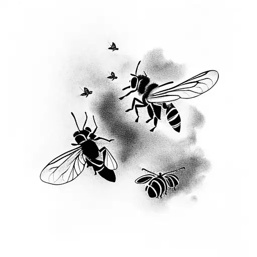 A Black-grey Tattoo Of A Lush Philippines Landscape With A Bee Flying Overhead