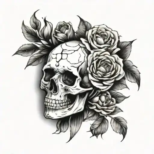 Skull Hand Holding Dead Roses And Peony Flowers