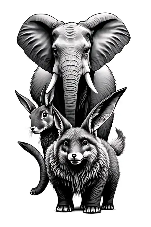 Fierce Warrior Animal Group With Elephant Rabbit And Fox