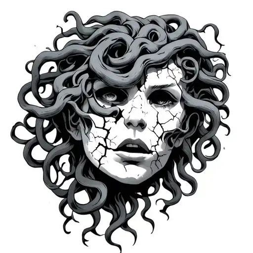 Medusa With A Cracked Mask Face And Comic Style