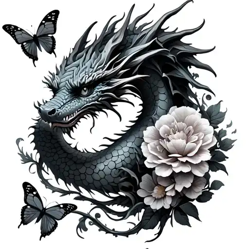 Dragon With Butterflies And Flowers Intertwined