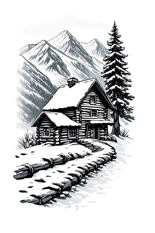 Mountain Region With Snow Caps And Log Cabin