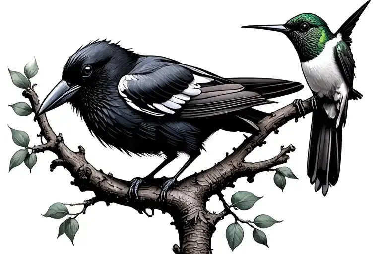 A Crow And A Hummingbird Perched