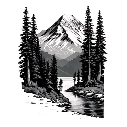 Mount Rainier Landscape With River And Trees Black And White