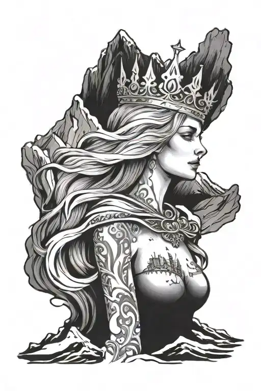 Faceless Woman Holding A Crown Behind A Snowy Mountain
