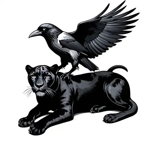 Panther Laying Down And A Raven Perched On Its Back