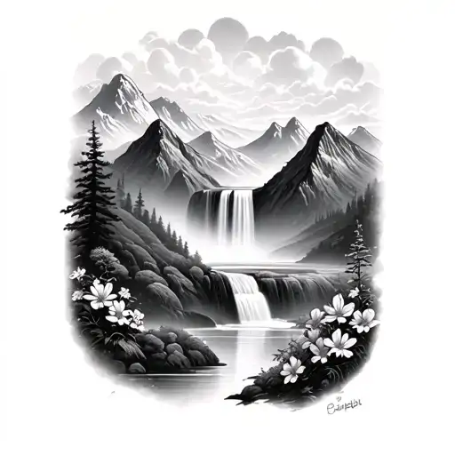 Mountain Peaks And Big Waterfall Lush With Flowers