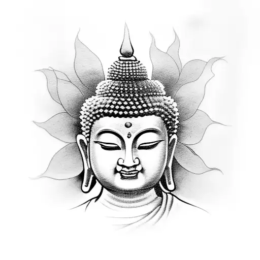 Tattoo Of Buddha Meditating On Plum Flowers In Front Of The Temple