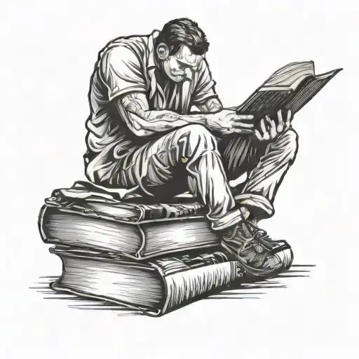 Thinking Man Sitting On A Pile Of Books While Reading A Book