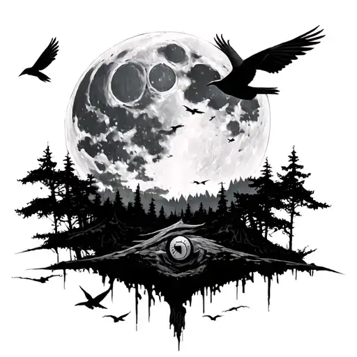 Infinite Tsukuyomi Moon With Forest Below And Crows Flying Around Base With Obito Uchiha At Bottom