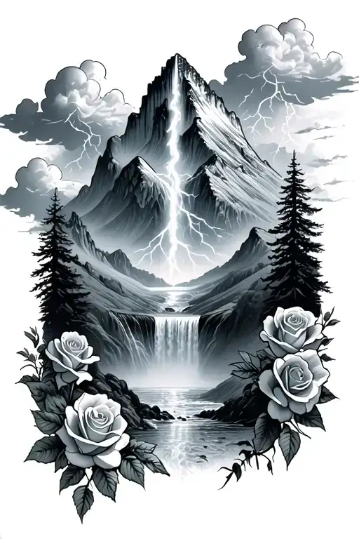 Mountain With A Waterfall And Roses And Lightning With Clouds Incorporated Together