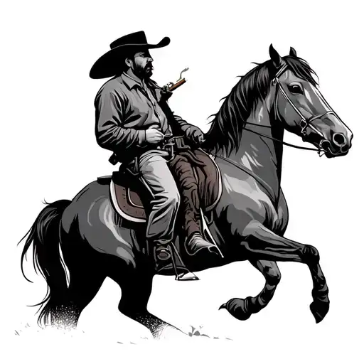 Cowboy Riding A Horse In Sunset Smoking Cigar