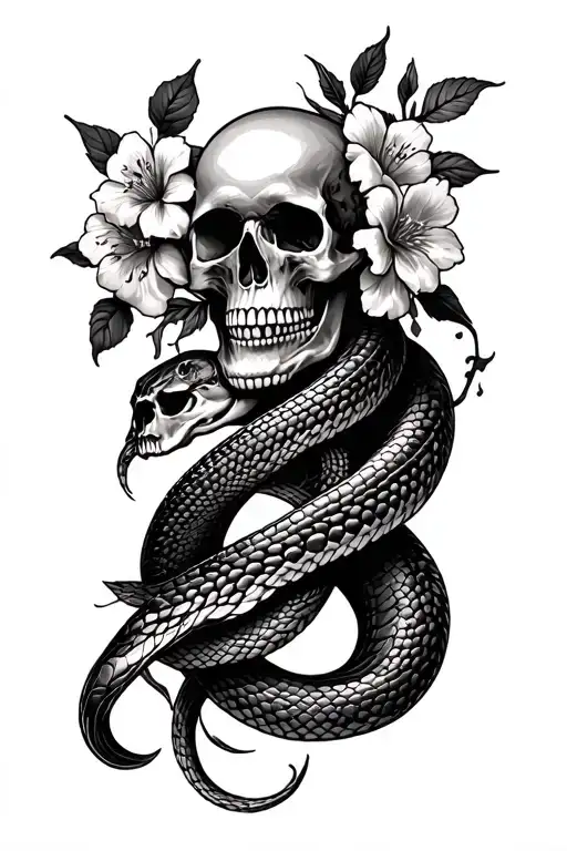 Skulls And Flowers Intertwined With A Snake Wrapped