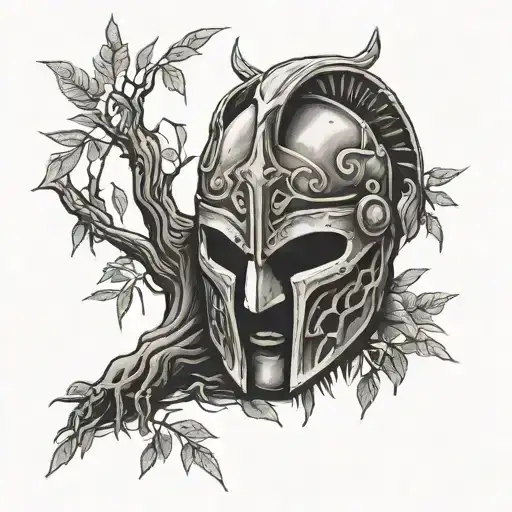 Discarded Gladiator Mask Resting At Thr Base Of A Willow Tree