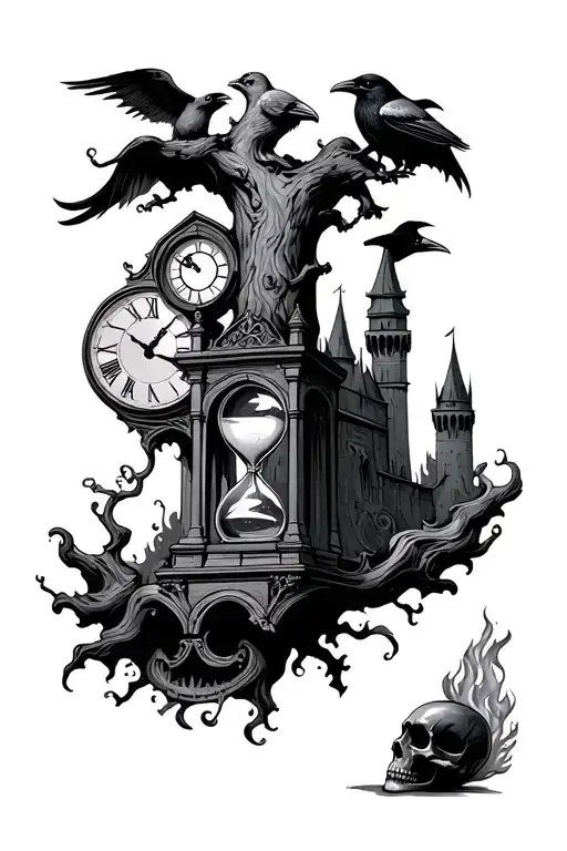 Tree And Clock And Raven And Tower And Hourglass And Skull And Fiery Man