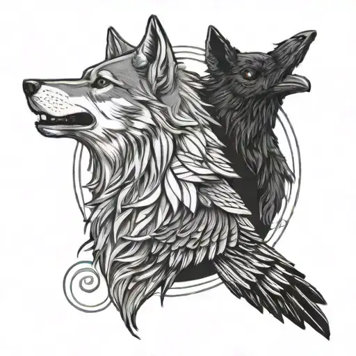 Line Tattoo Of A Wolf And A Raven Viking Style