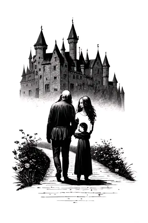 Two Dead Parents With Child On Pathway Toward Gothic Castle