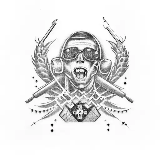 A Black-grey Tattoo Of A Machine Gun Kelly Inspired Design Incorporating Emt Symbols