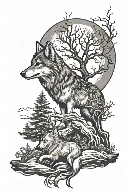 Holwing Wolf And Tree And Full Moon Surrounded