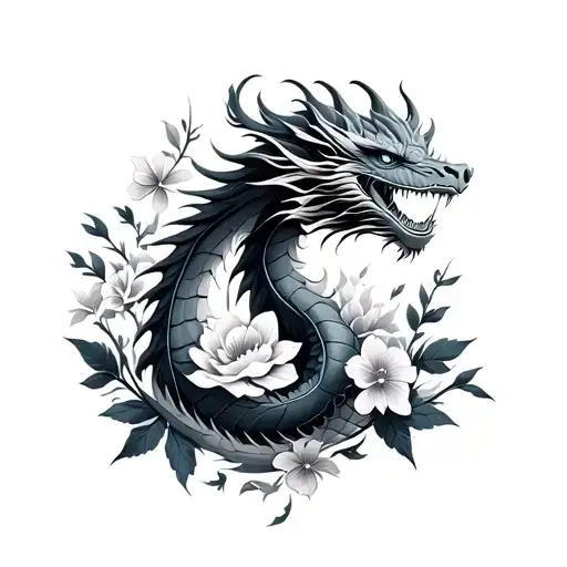 Minimalist Dragon And Flowers