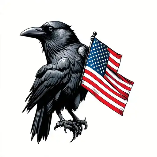 Crow Holding The American Flag In Its Mouth