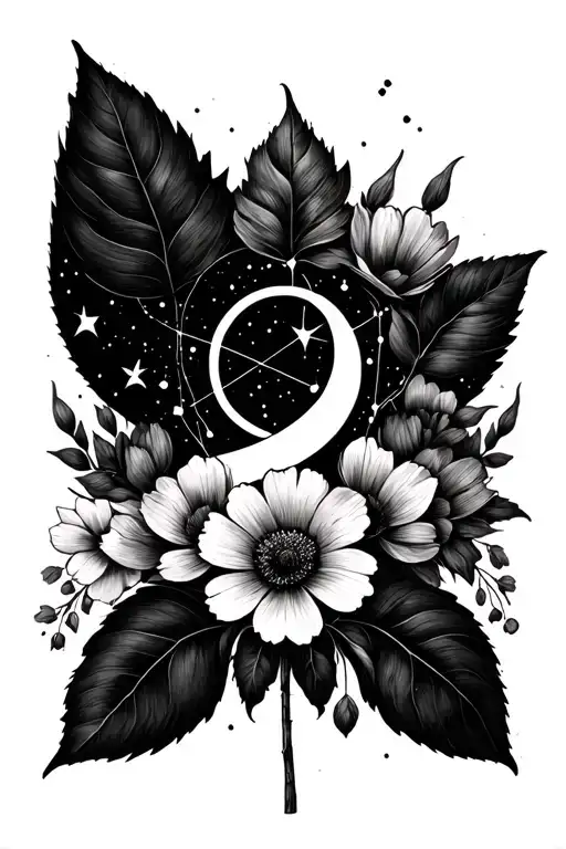 Cancer Zodiac And Constellation Surrounded By Minimalist Flowers
