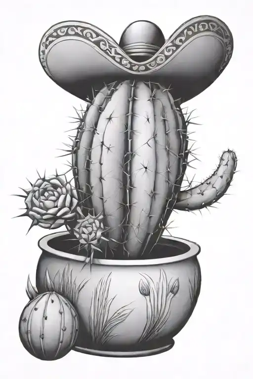 Cactus Growing In A Pot Wearing A Single Sombrero De Paja