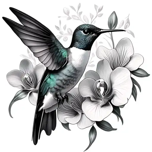 Hummingbird Surrounded In Orchids