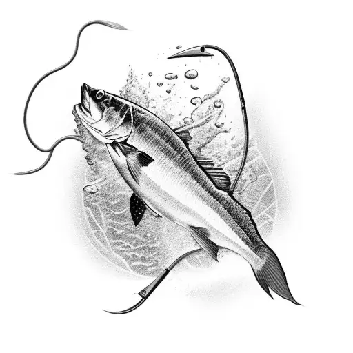 A Detailed Black And Grey Tattoo Of A Fishing Rod With A Fish Jumping Out Of The Water