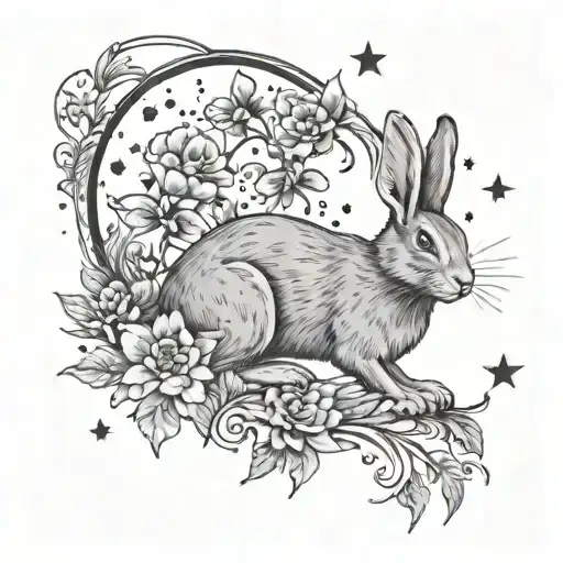 Rabbit Full Body Flower Moon And Stars Forming
